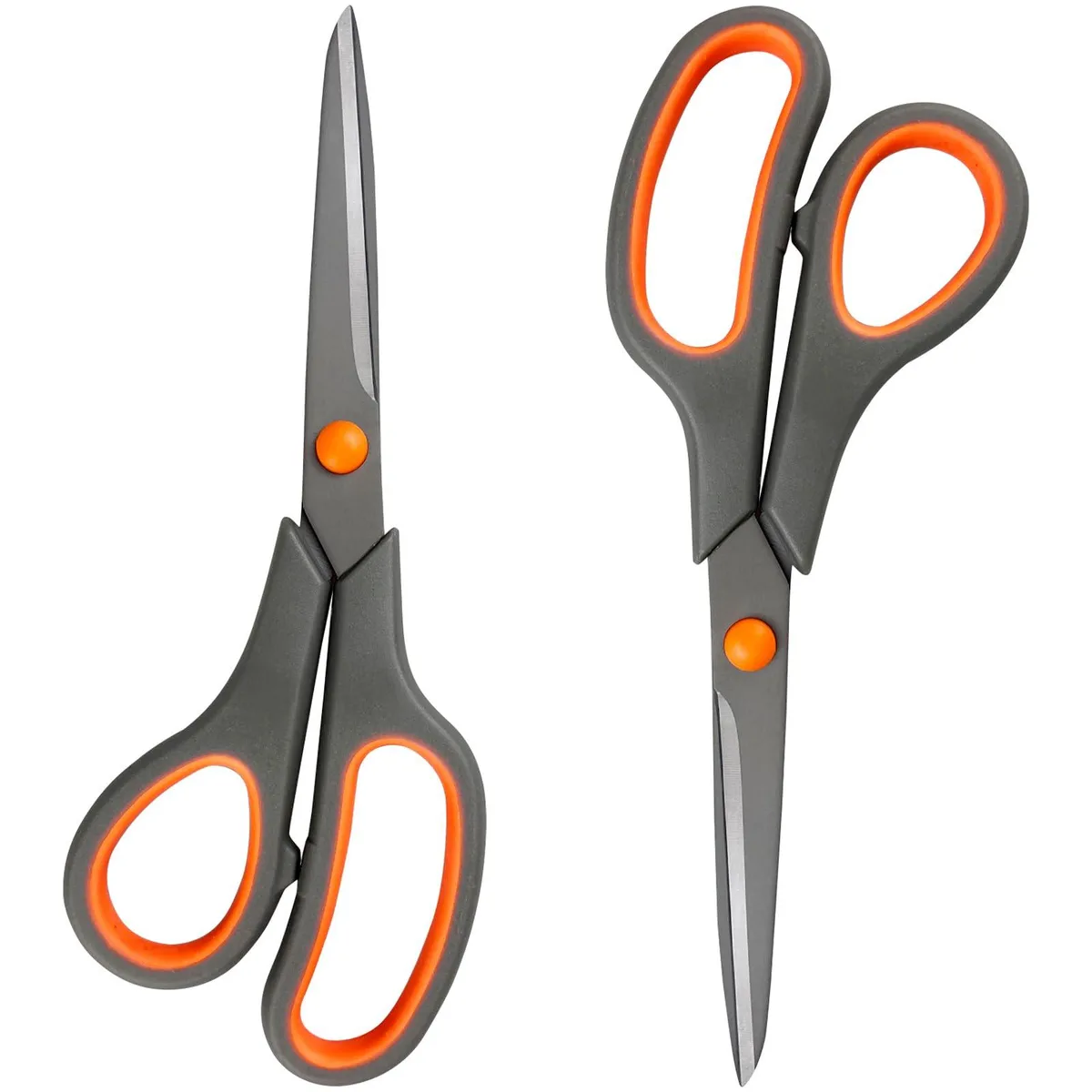 Two pairs of grey straight-handled scissors with comfort grips and 2.5 mm stainless steel blades