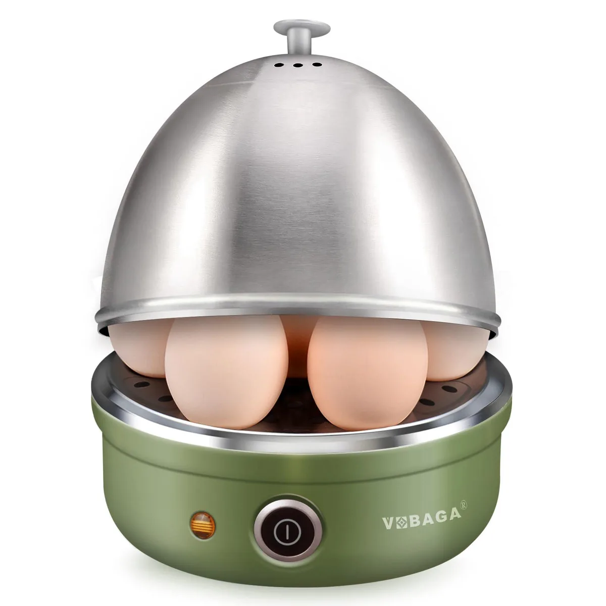 Green compact egg cooker with stainless steel tray and measuring cup