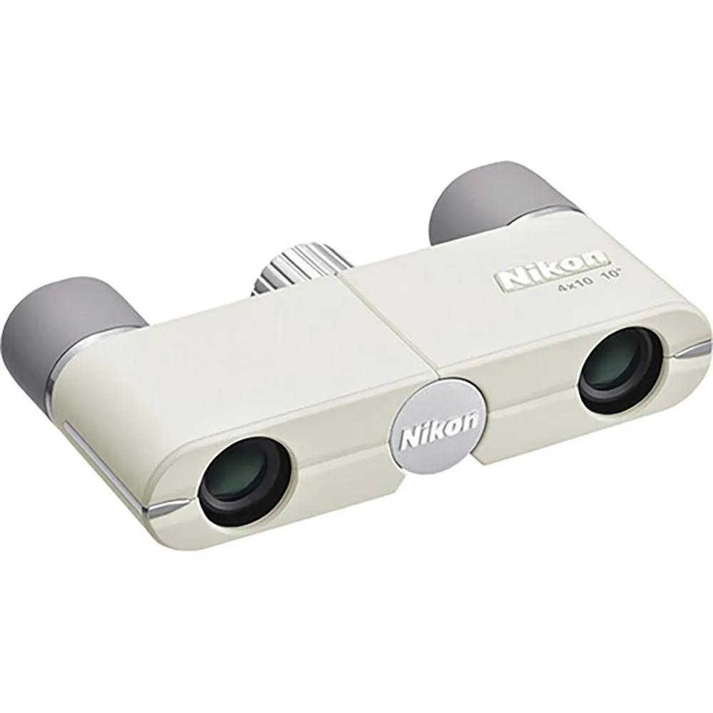 Ivory-white pocket binoculars, slim rectangular body with leather-texture case and neck strap