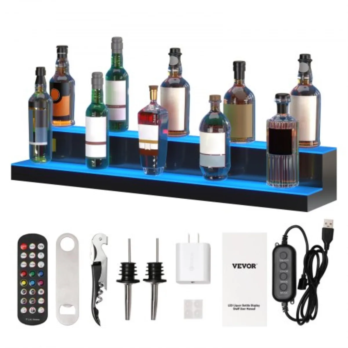 VEVOR VEVOR LED Lighted Liquor Bottle Display 40 Inch 2 Tier Acrylic Shelf RF Remote App Control — product photo
