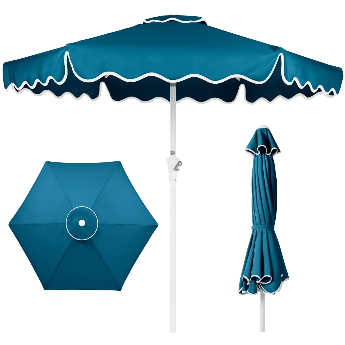  7.5ft Patio Market Umbrella SKY9904 Peacock Wavy Trim 210g Canopy Crank Tilt Vented — product photo