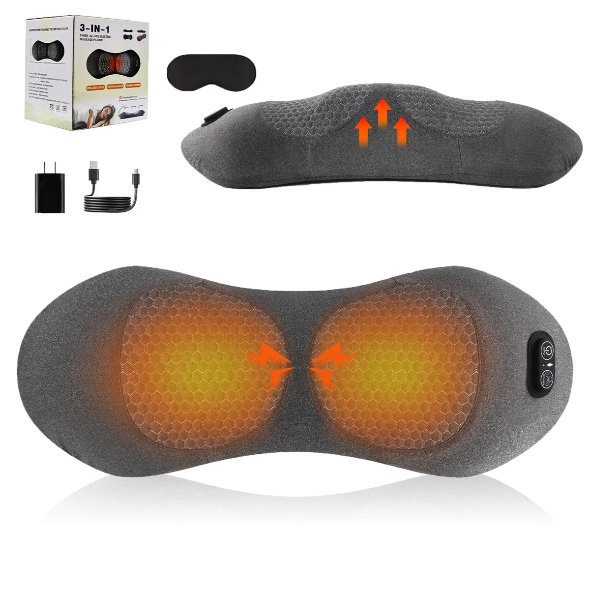 Dark grey memory foam massage pillow with ergonomic curve and corded controller