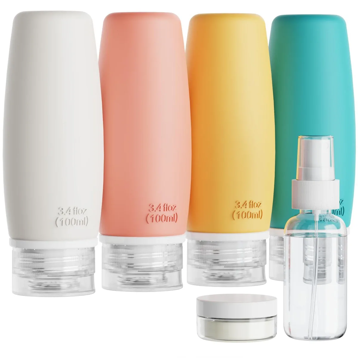 Six-piece travel bottle set with silicone containers in assorted colours