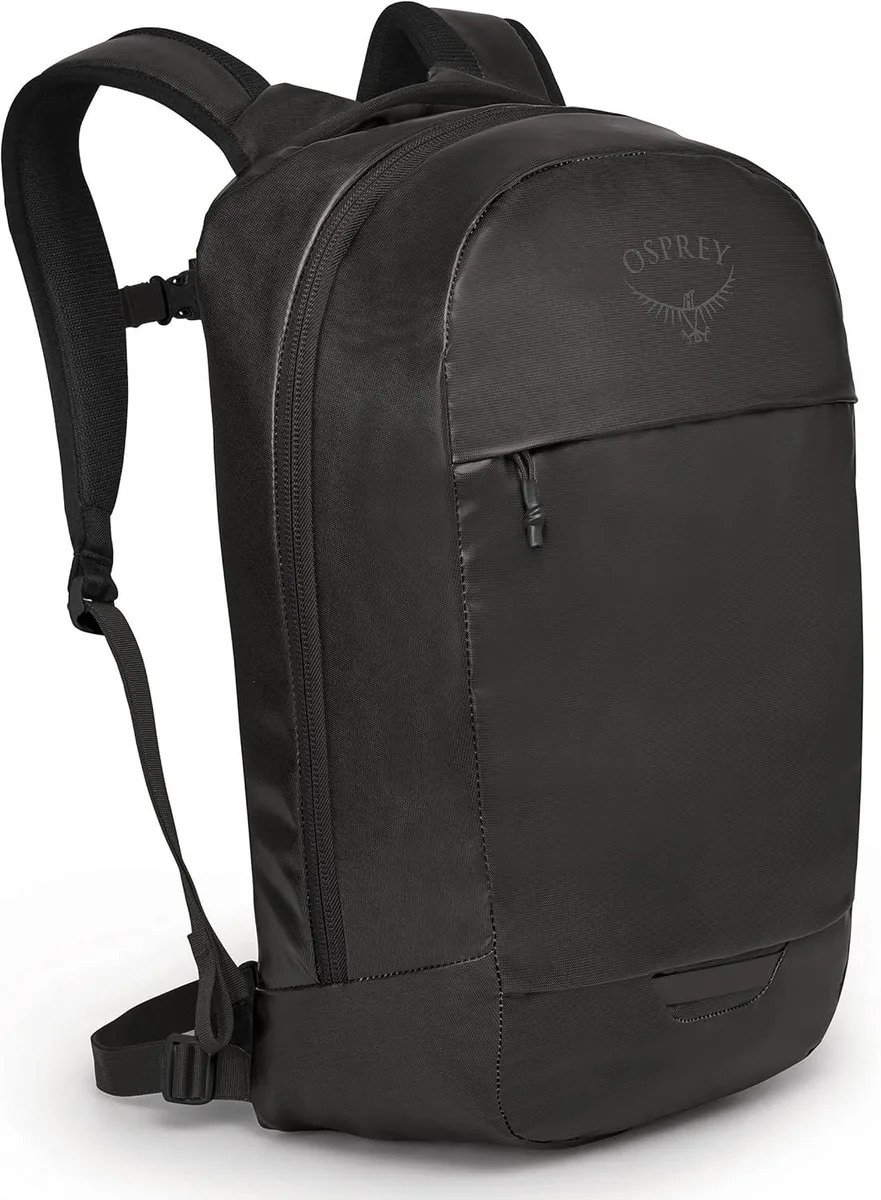 Black panel-loading commuter backpack with top grab handle and side water bottle pocket