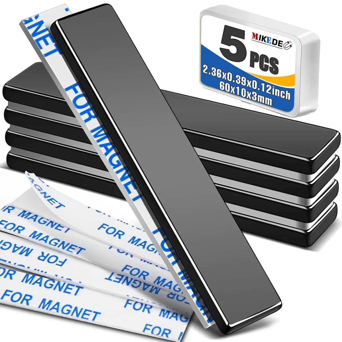 Five black rectangular bar magnets with adhesive backing, each 60 by 10 by 3 mm