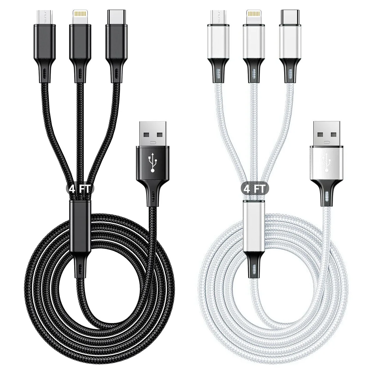 Two black braided 4-foot cables with three connectors each