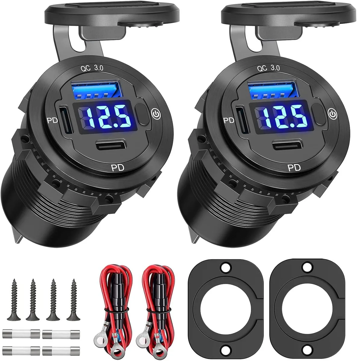 lelisten lelisten USB C Car Charger Socket 12V 78W Dual PD 30W QC3.0 18W LED Voltmeter Power Switch 2 Pack — product photo