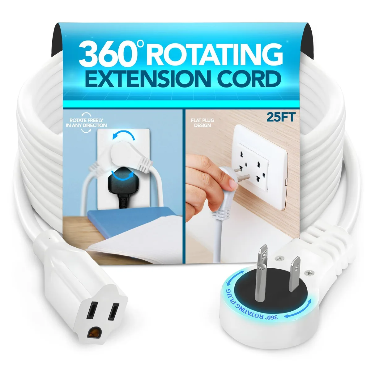 ELECTERY 25 Ft 16 AWG 360° Rotating Flat Plug Extension Cord White — product photo