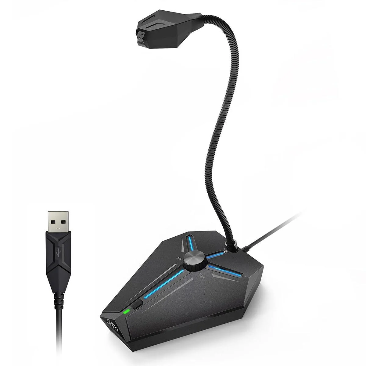 Small black USB desktop microphone with flexible gooseneck and blue LED ring