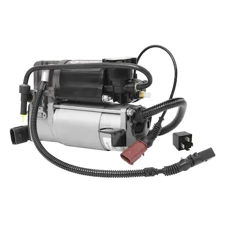 Unity air suspension compressor, silver metal cylinder with electrical connector and mounting bracket