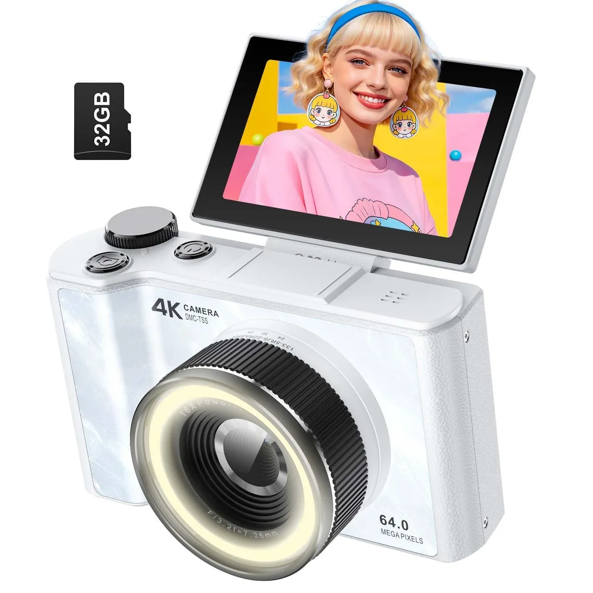  W &amp; O Q5 48MP CCD Point &amp; Shoot Camera Cream 32GB Card 3" 180° Flip Screen — product photo