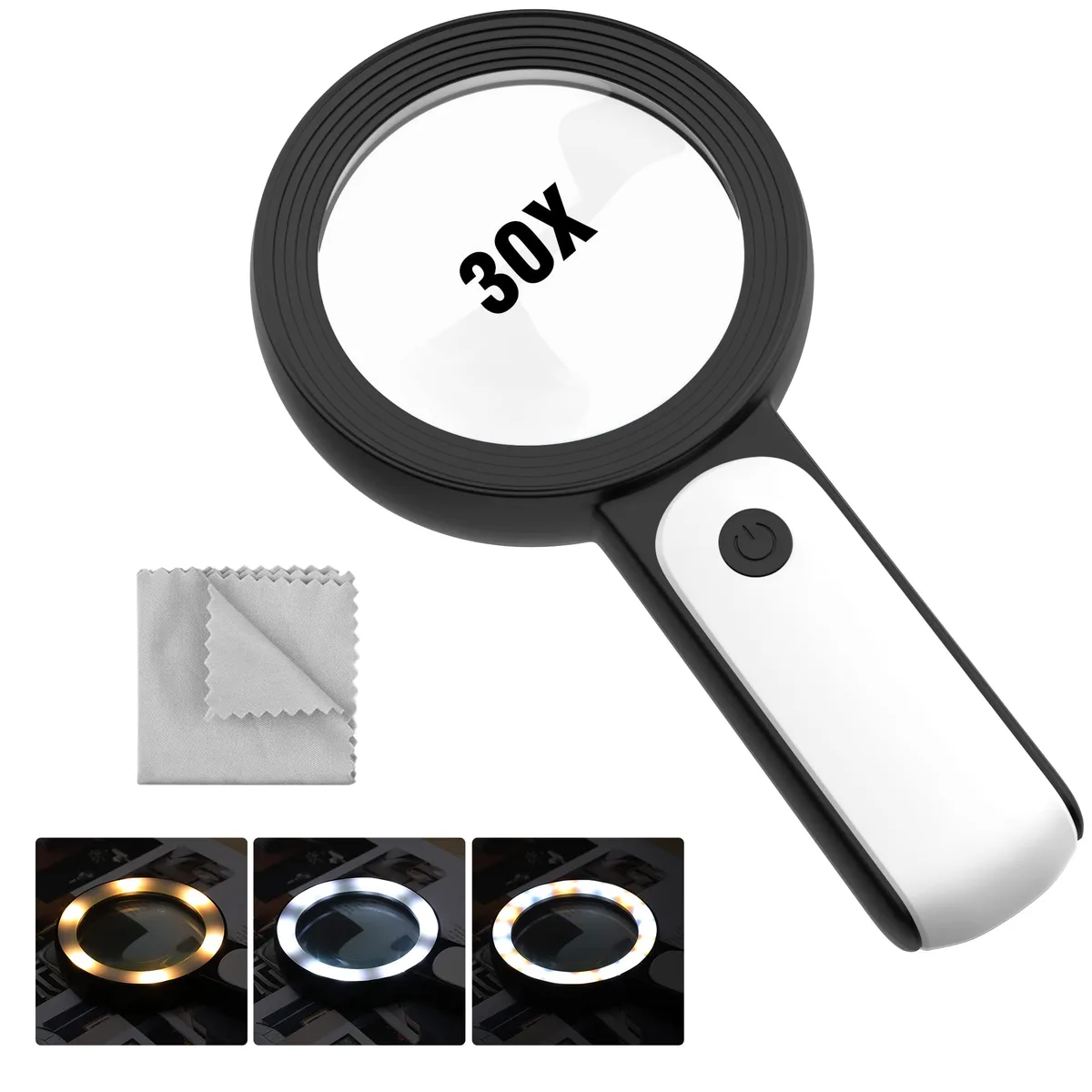 Black handheld magnifier with LED ring, 12 pack