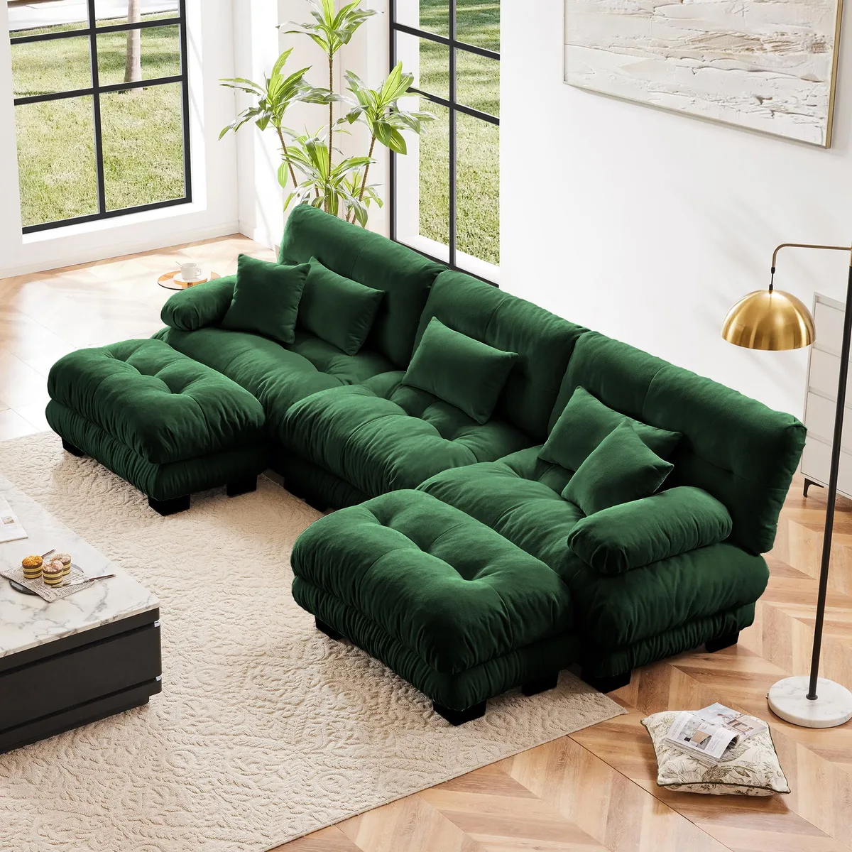 Green chenille U-shaped sectional with two matching ottomans