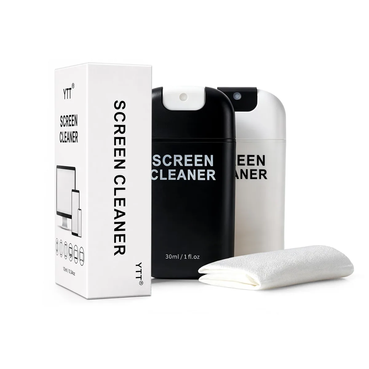 Two 30ml spray bottles and a 15cm microfiber cloth