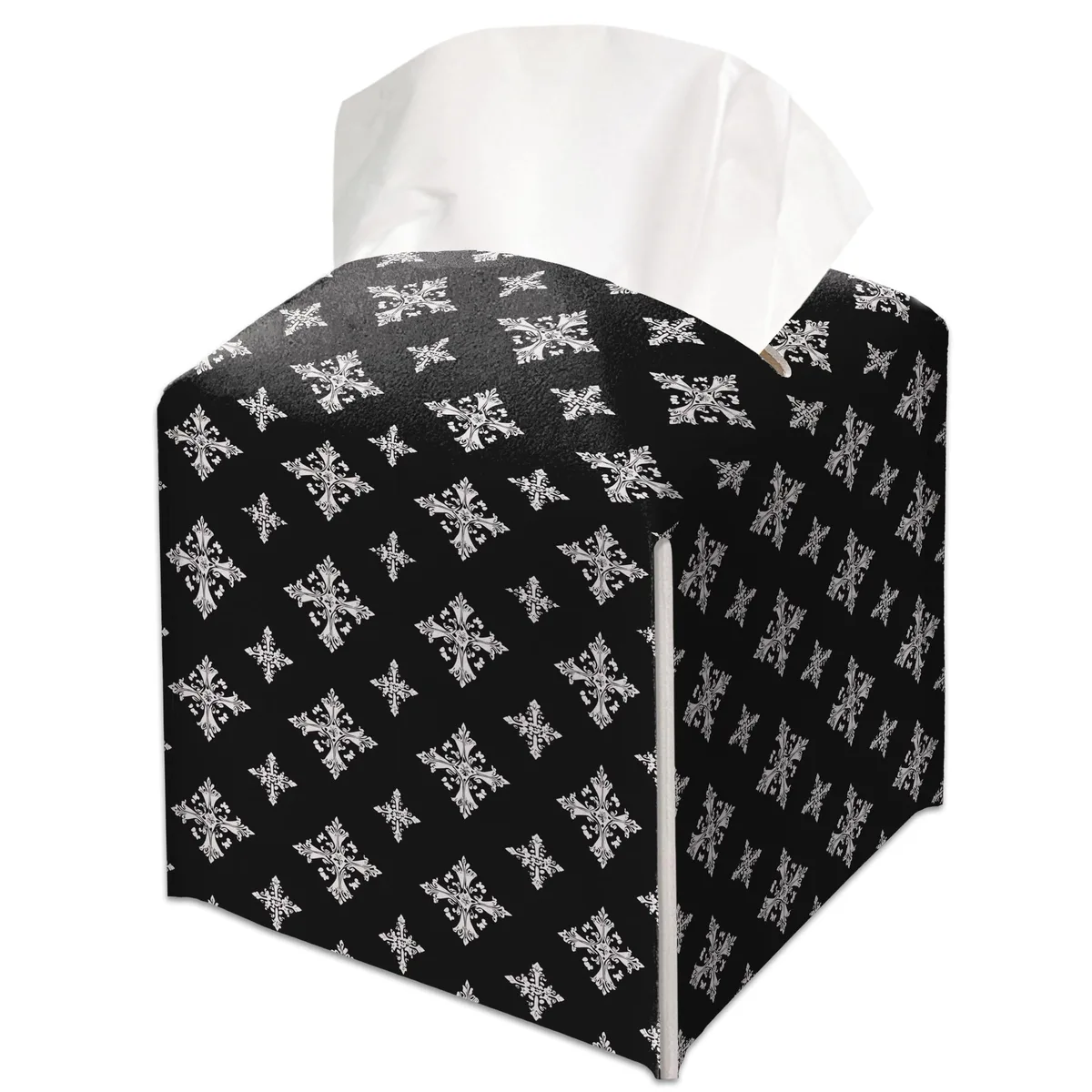 Black leather cube tissue box cover with white gothic cross pattern, 5.2 inches square, Velcro closure