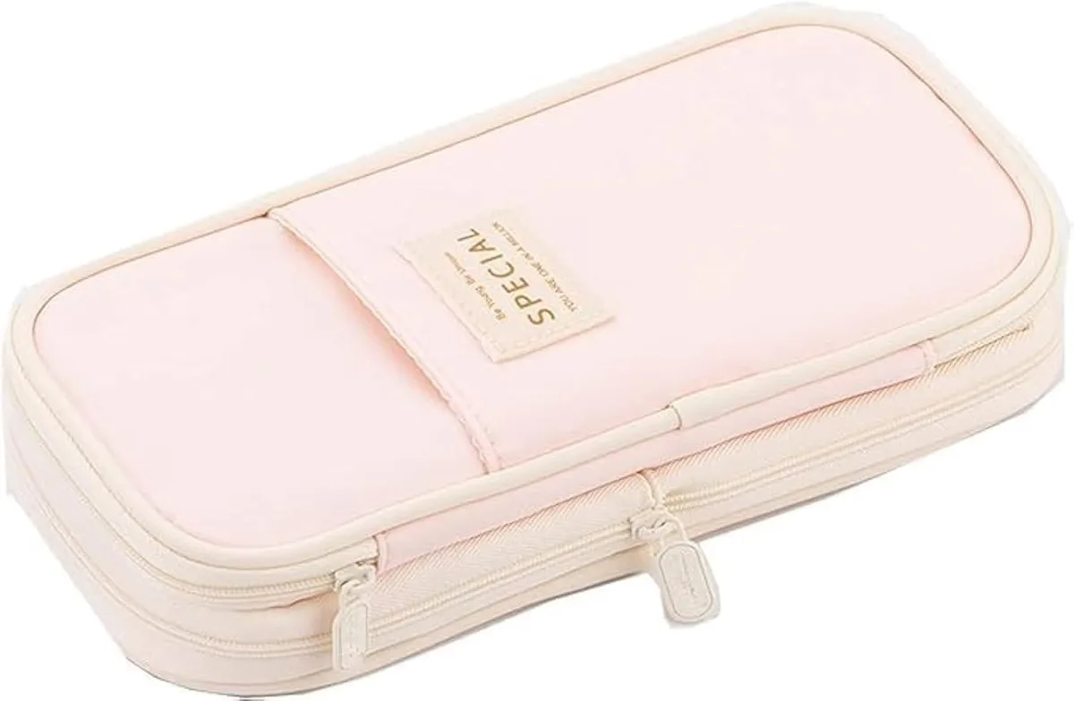 Peach canvas pen case, rectangular box shape with zipper closure