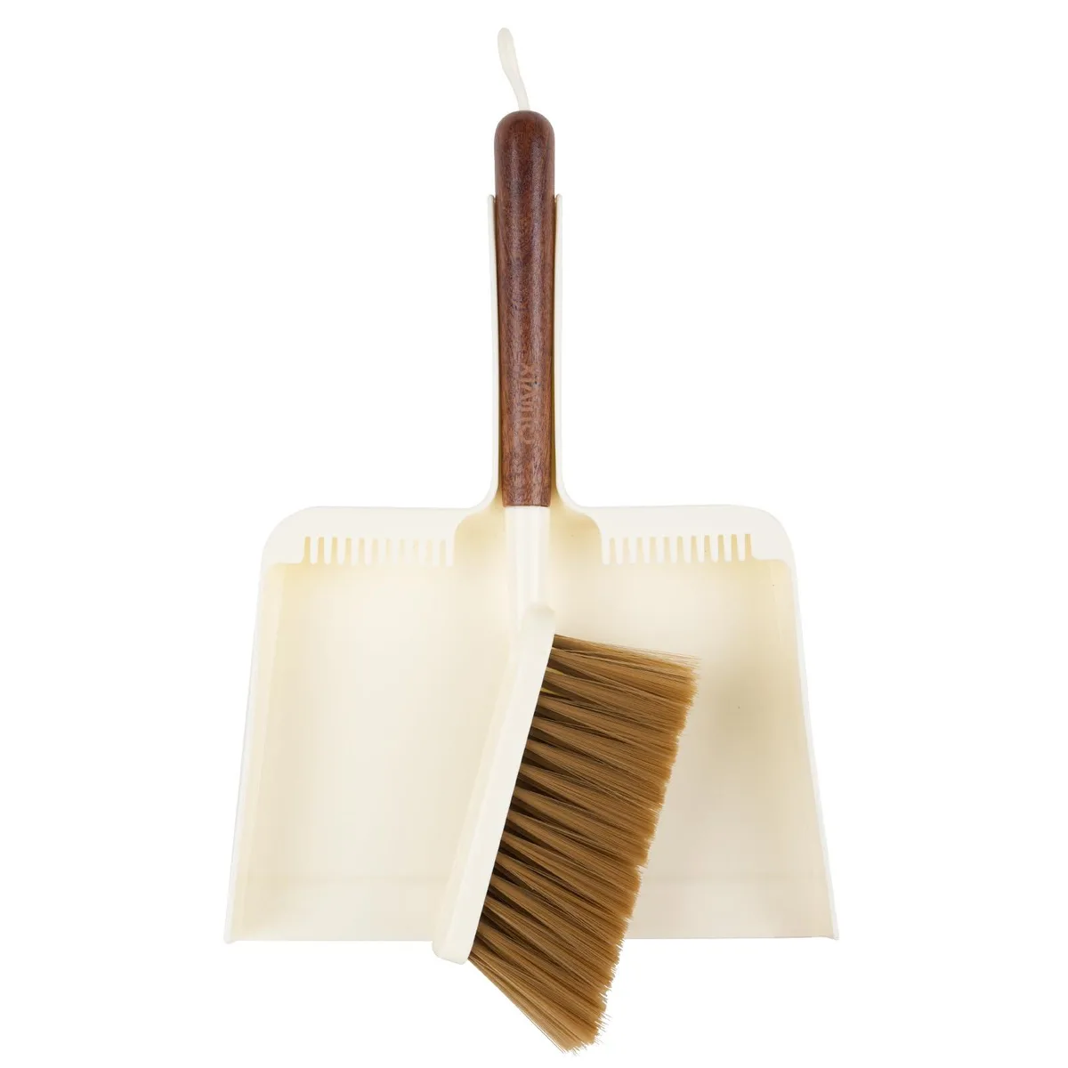 Beige hand broom and dustpan set with sapele wood handle, compact nesting design, hanging hook