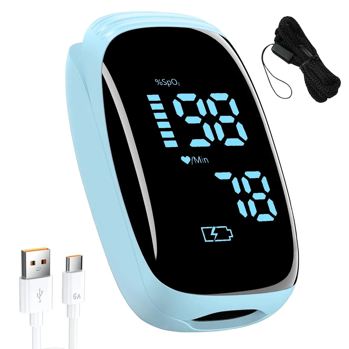 Blue fingertip pulse oximeter with silicone cover and USB-C port