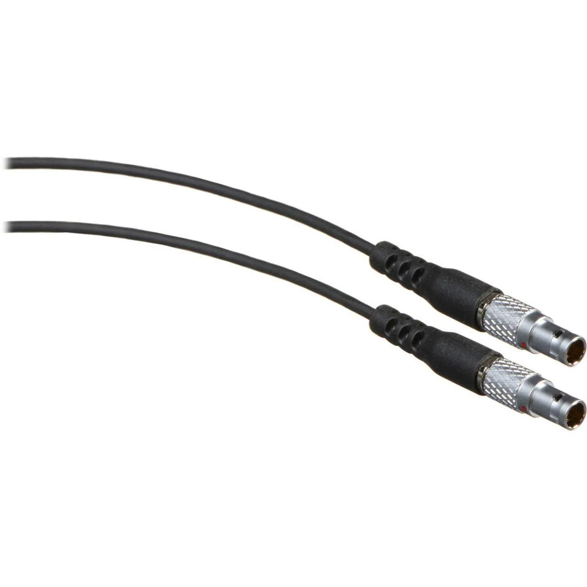 Black 16-foot coiled cable with silver LEMO connectors at both ends