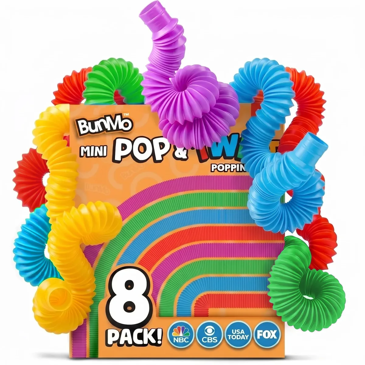 Eight small colourful plastic pop tubes in a row