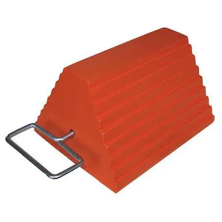 Orange rubber wheel chock with grooved tread and steel grab handle