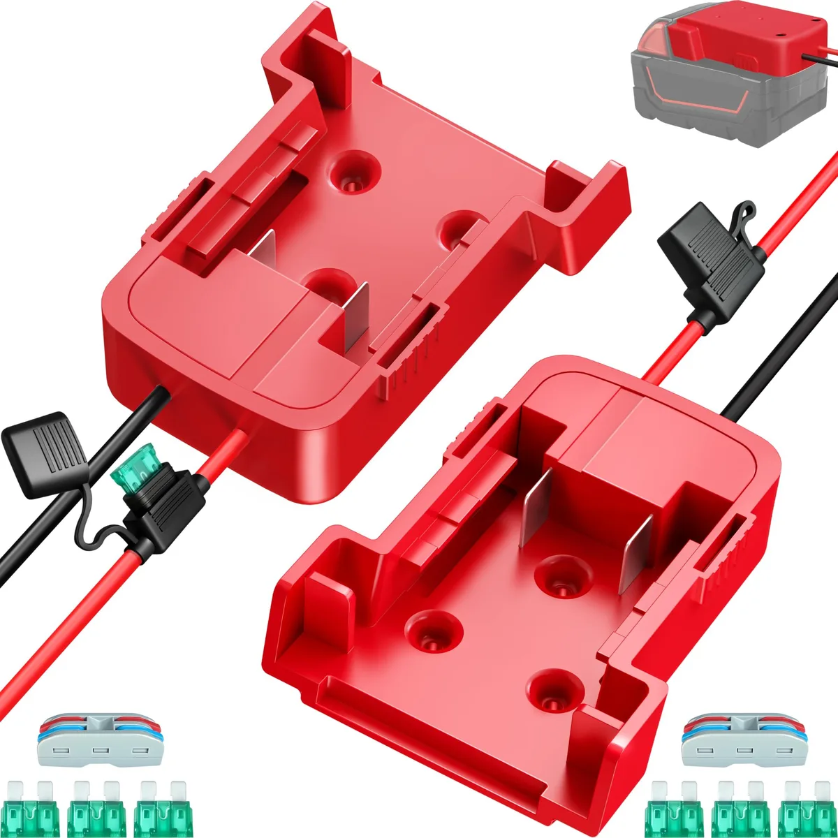 Two red ABS Milwaukee M18 battery adapters with wire connectors and fuses