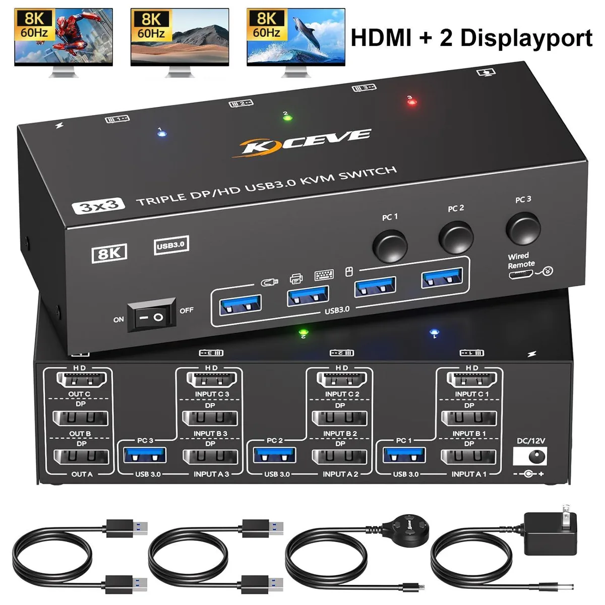 WRIARICH WRIARICH 303DH KVM Switch 3×3 8K@60Hz 4K@144Hz 4×USB 3.0 — product photo