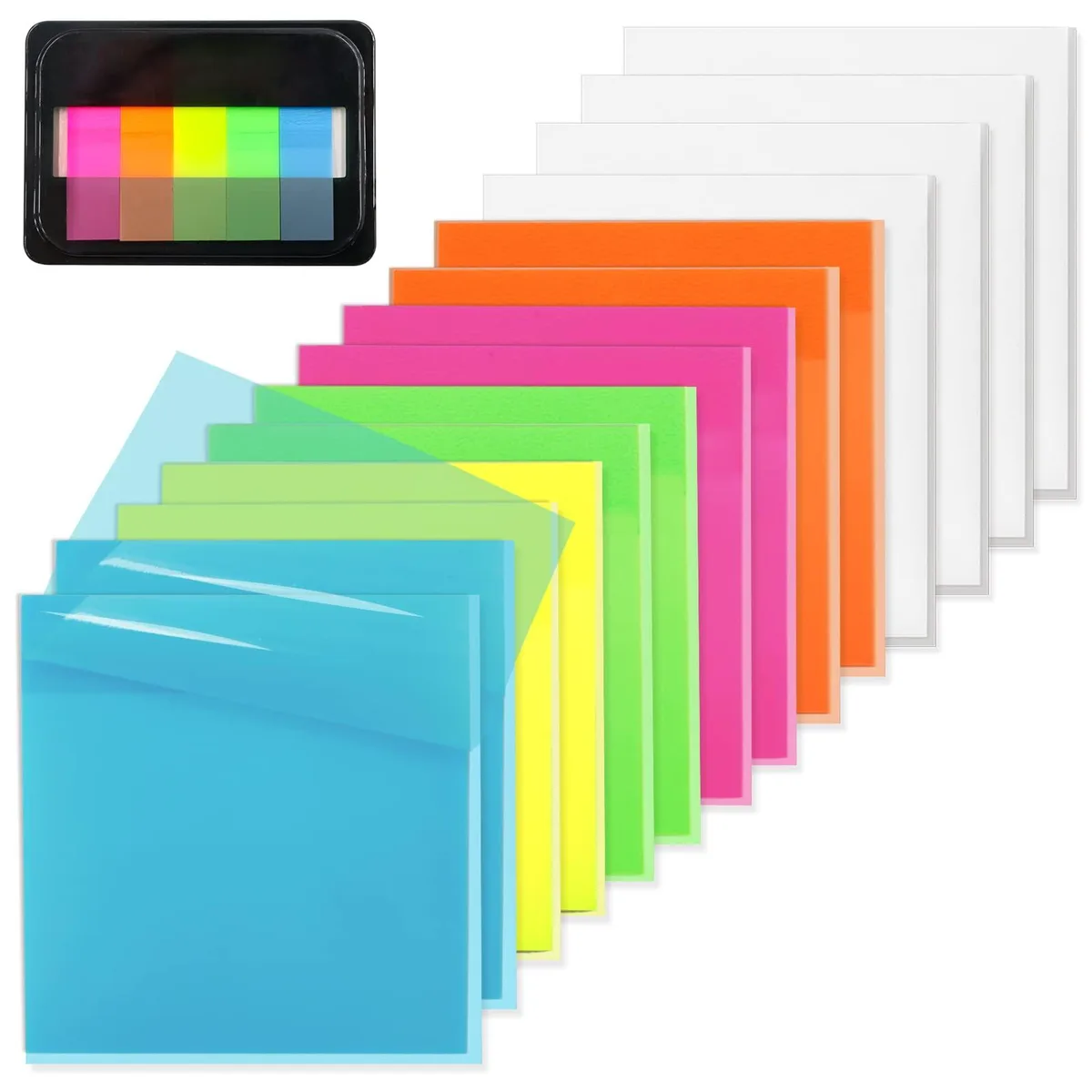 Pack of 800 square transparent sticky notes in six bright colours, 3 by 3 inch sheets