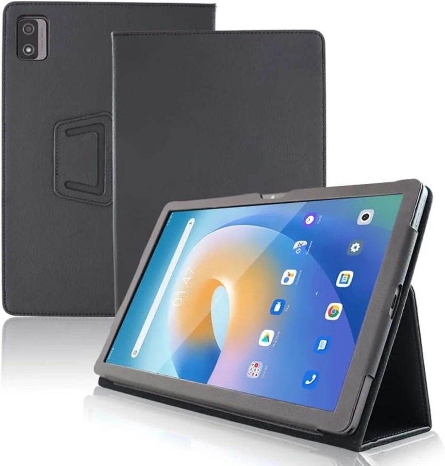 Black PU leather folio case with trifold stand and hand strap