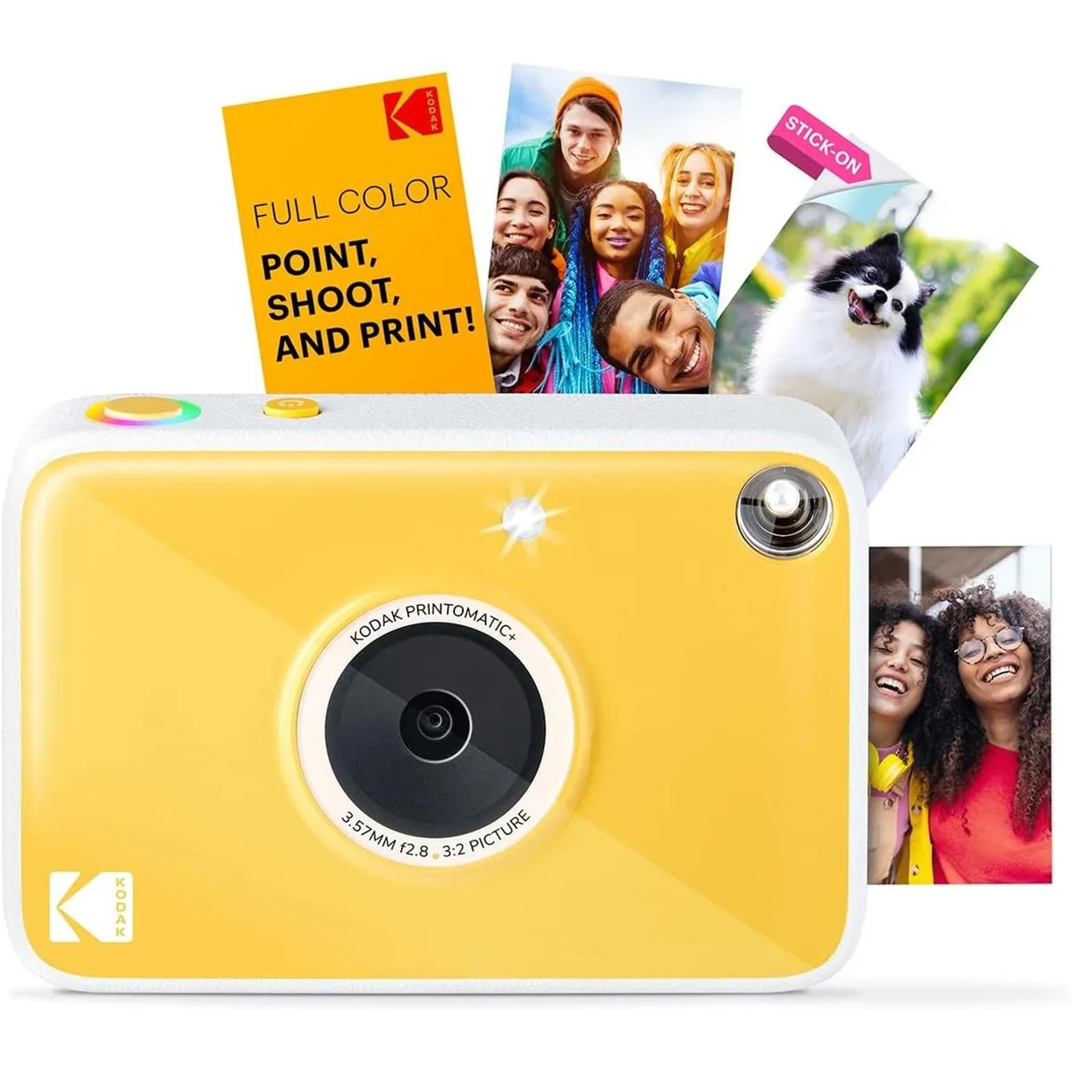 Yellow Kodak Printomatic+ instant camera, compact rectangular body, matte finish