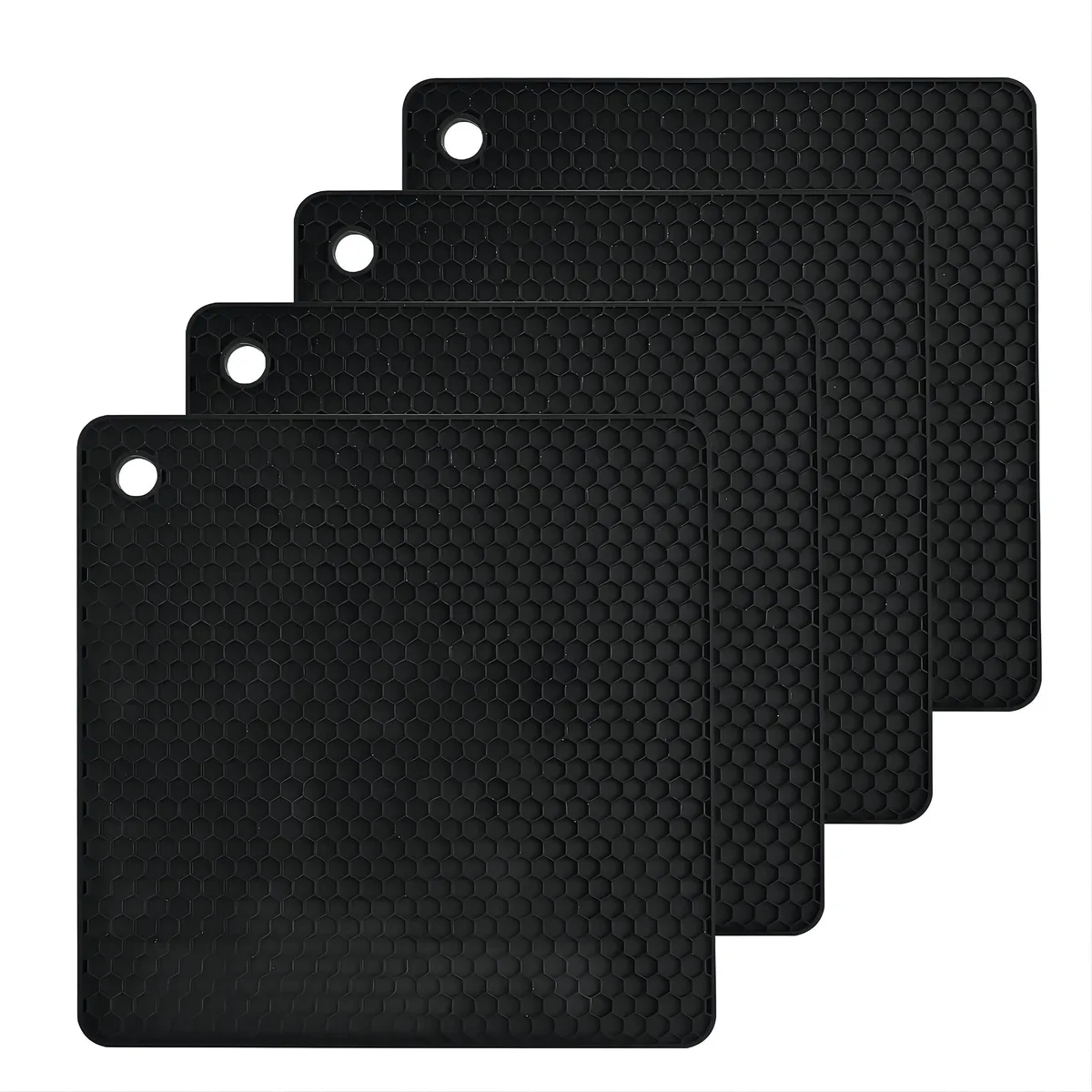 Four black square silicone trivet mats, 7.5 in, non-slip texture, 330g set
