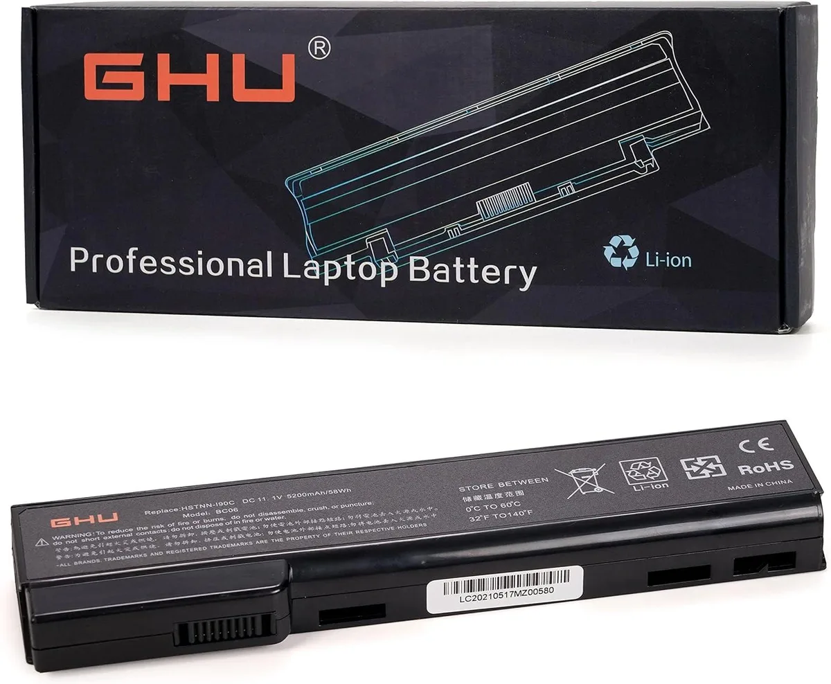 Rectangular black laptop battery with label and connector pins