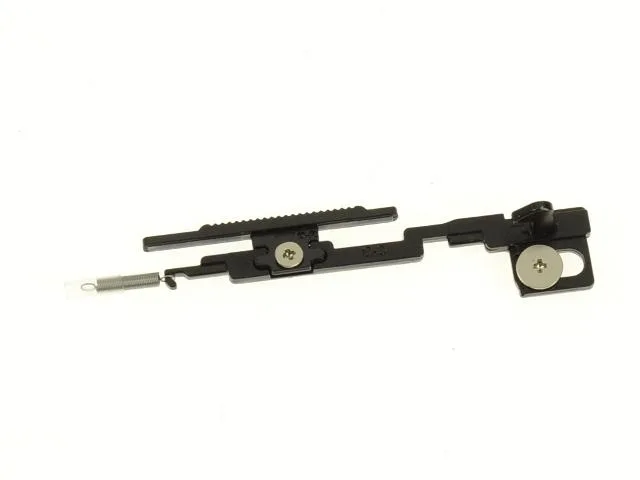 Small metal latch hook with spring and two screws on plain background