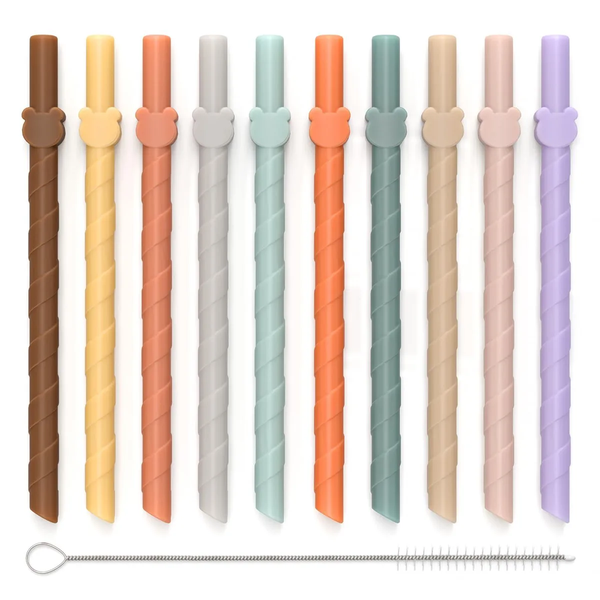 Ten bear-shaped silicone straws in assorted colours, 6.8 inches long