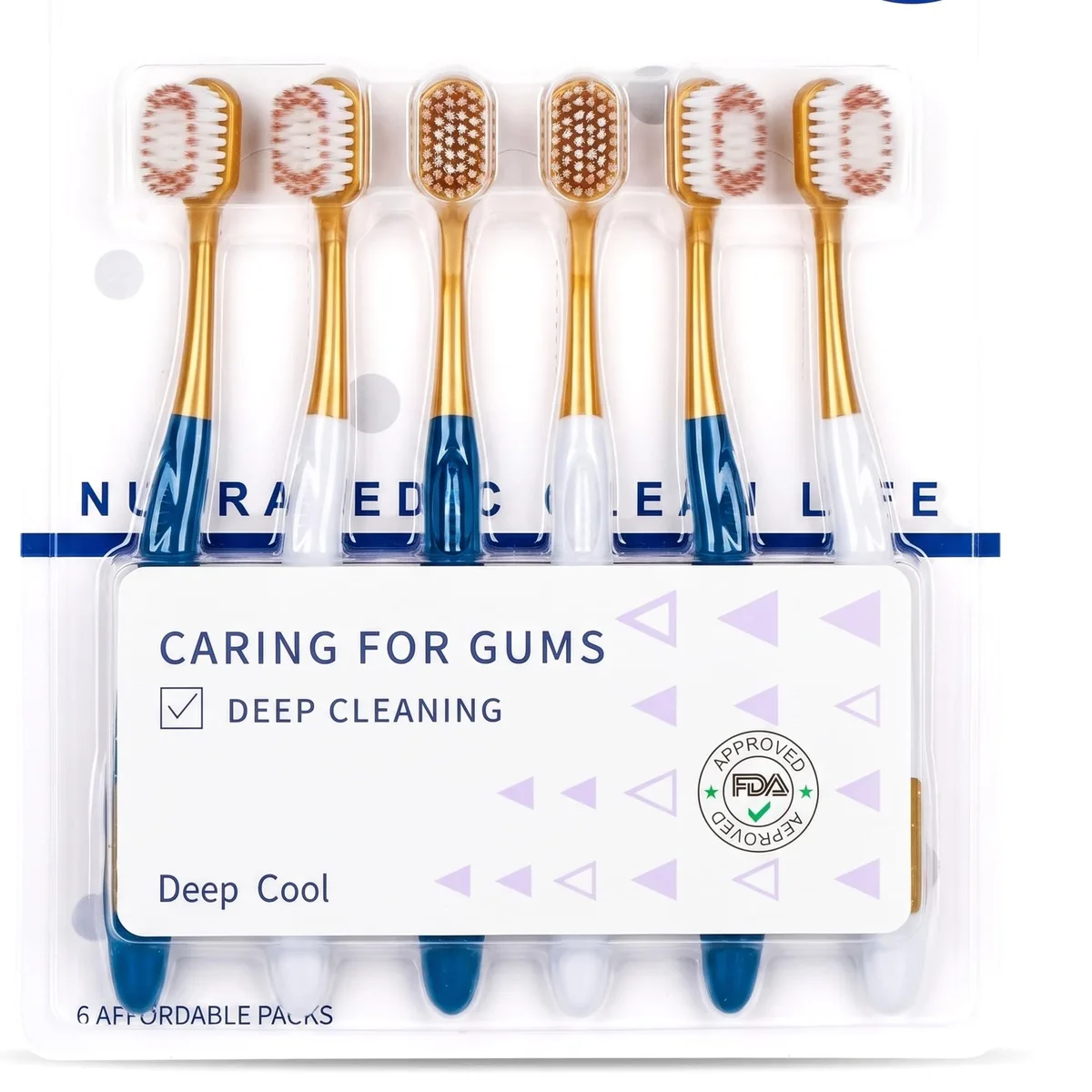 Six white manual toothbrushes with wide heads, soft bristles and silicone-grip handles
