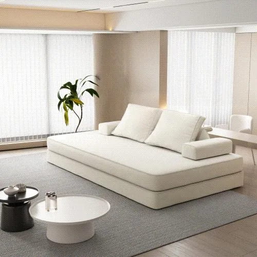 Beige convertible sofa bed with removable backrests and pillows, 86.6 inches long