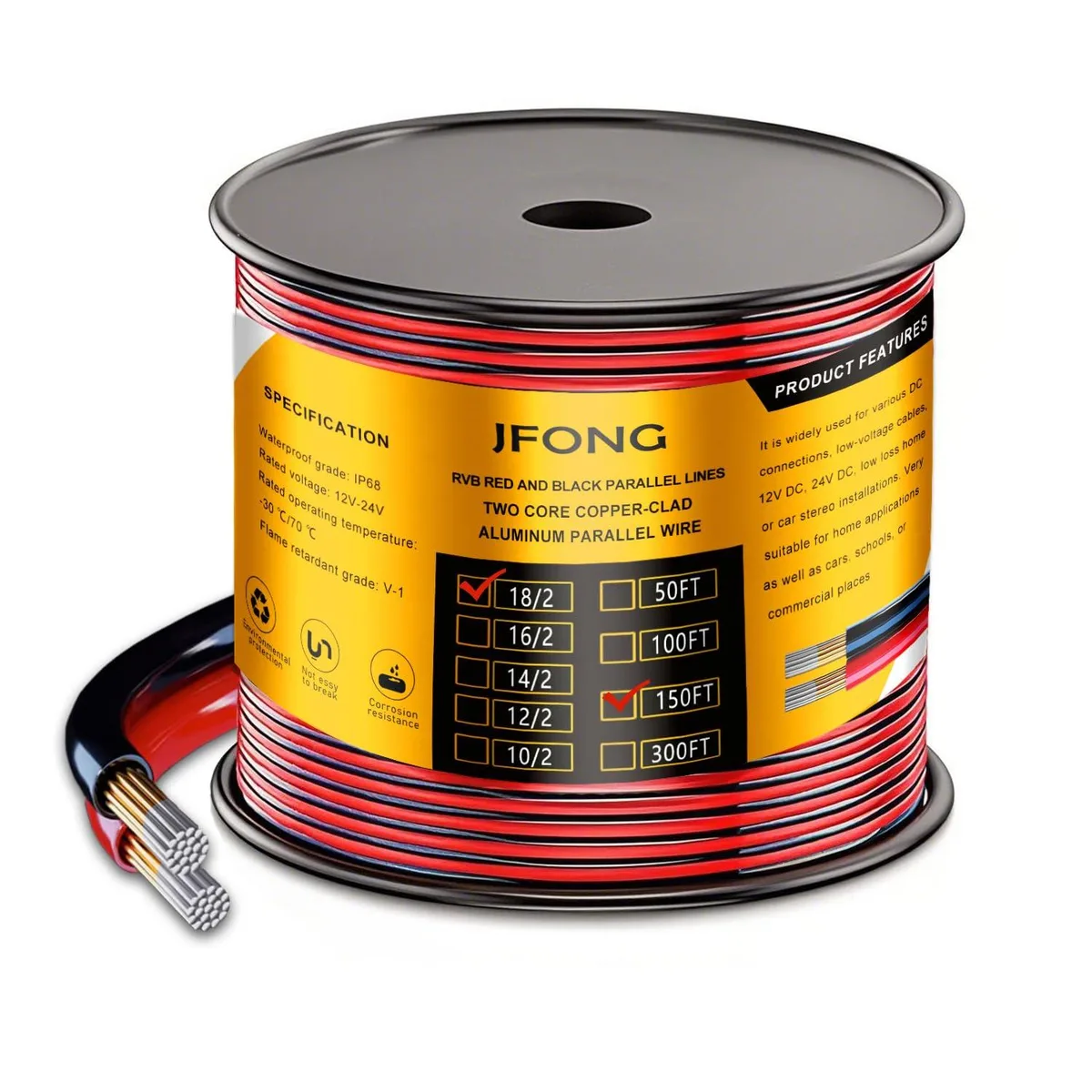  JFONG 18AWG 2-core speaker wire 150 ft CCA 26 strand IP68 12/24V — product photo