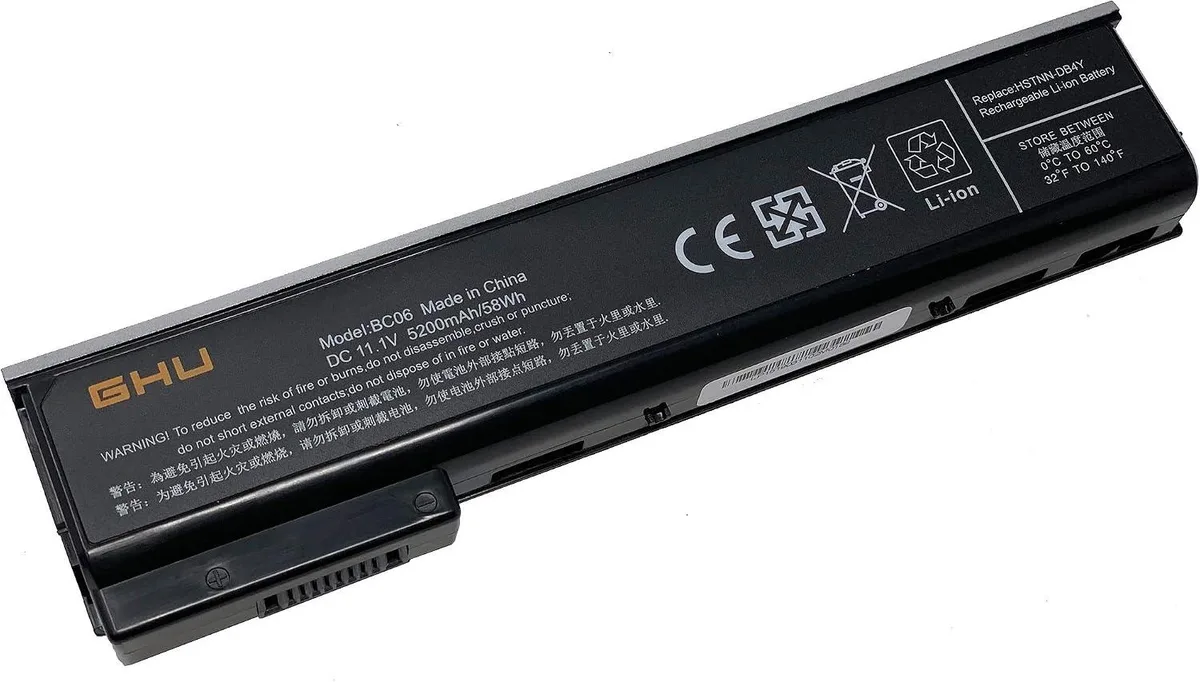 Rectangular black laptop battery with label and connector pins