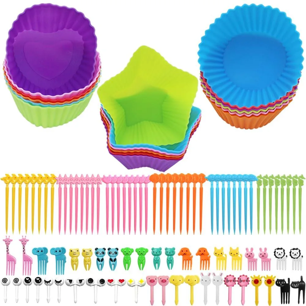 Red silicone bento dividers and animal food picks in 108-piece set