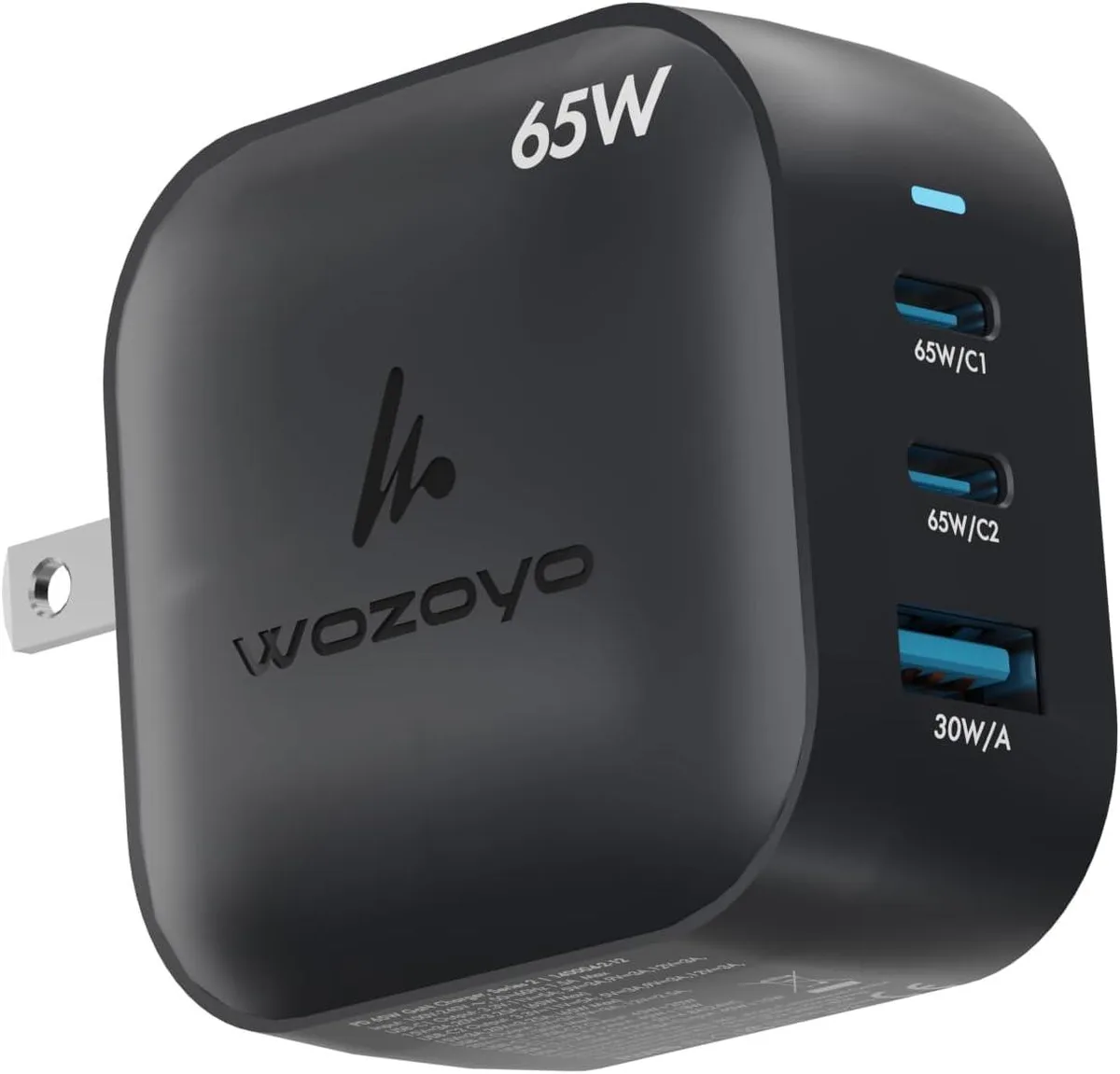 Wozoyo 65W GaN USB charger 2×Type-C & USB-A foldable plug — product photo