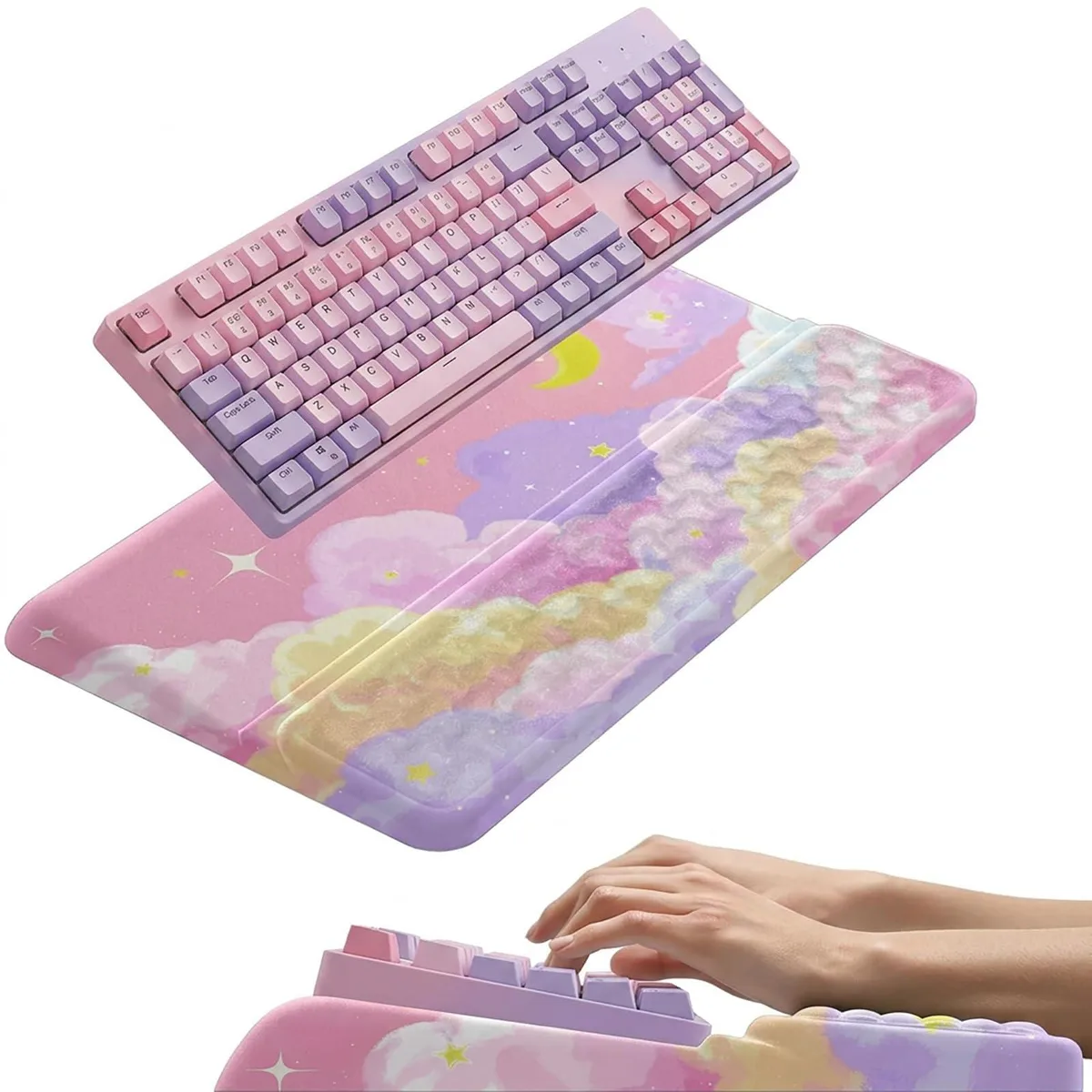Pink fabric wrist rest with cloud print, adjustable riser, memory foam base, 17.1 by 9.6 inches