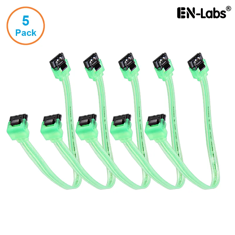 EN-Labs EN-Labs 5PKSATAIII25CMGN90 SATA cable 5-pack 10 inch UV Green 90-degree locking latch — product photo