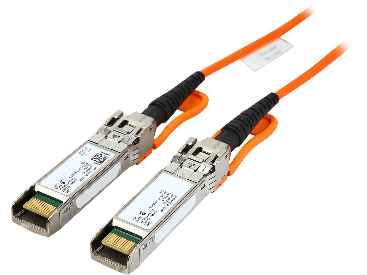 Orange fiber-optic SFP+ active optical cable, 3 m long