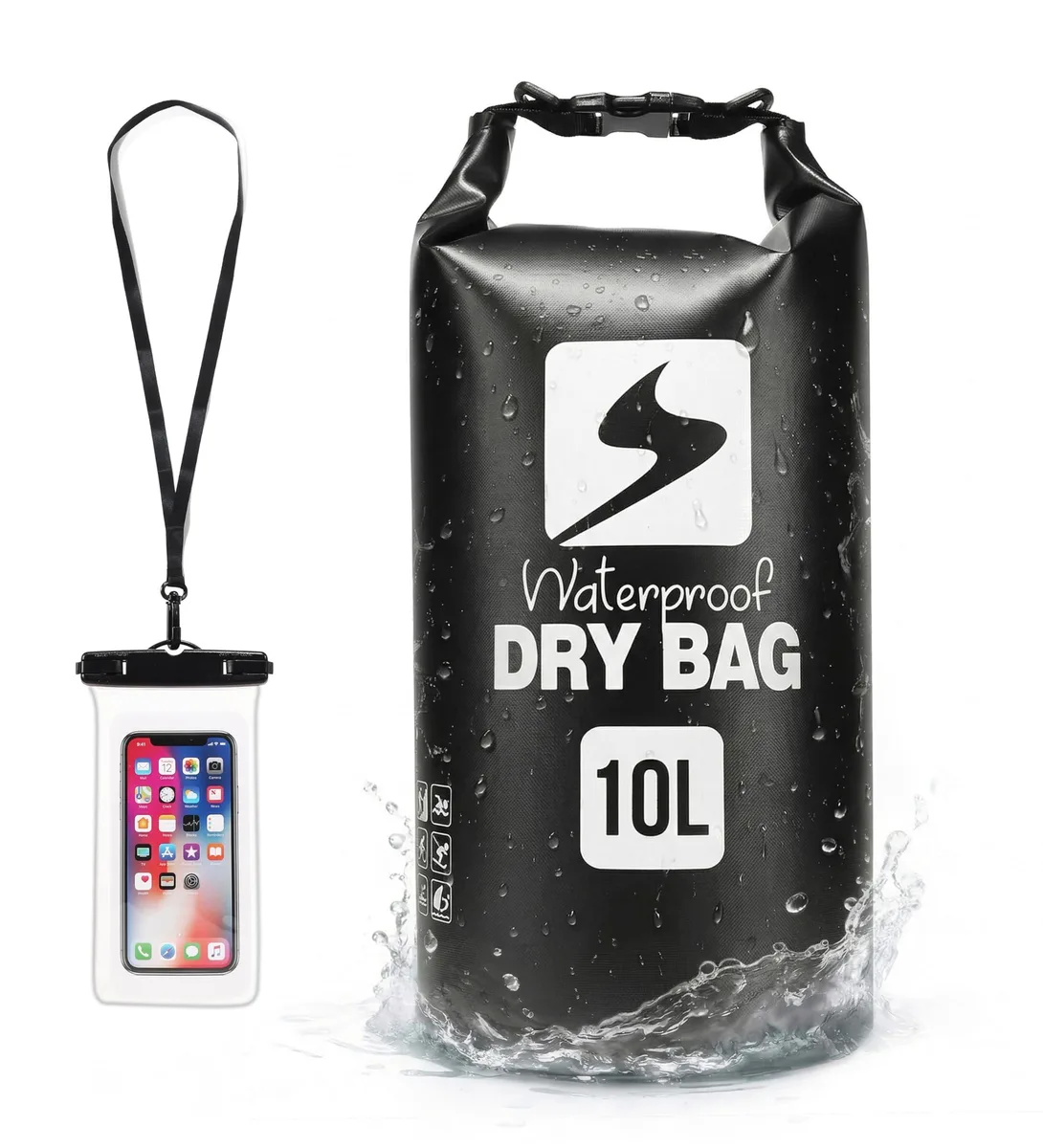 Black PVC 500D roll-top dry bag backpack 10L with phone case