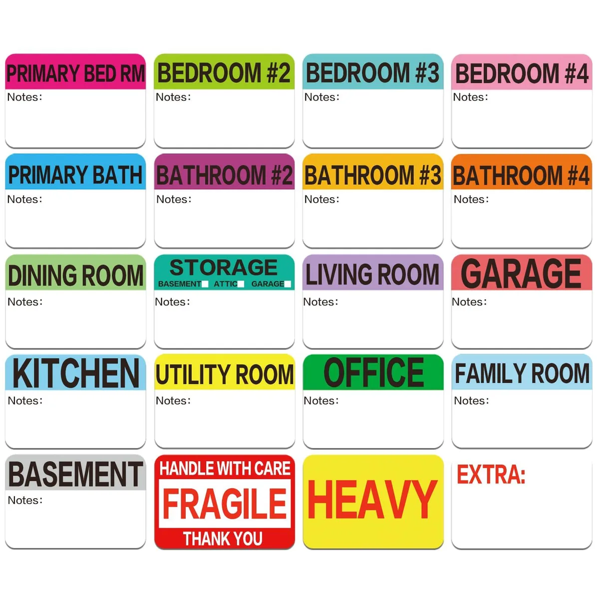 Sheets of multicoloured 3 x 2 inch adhesive moving labels
