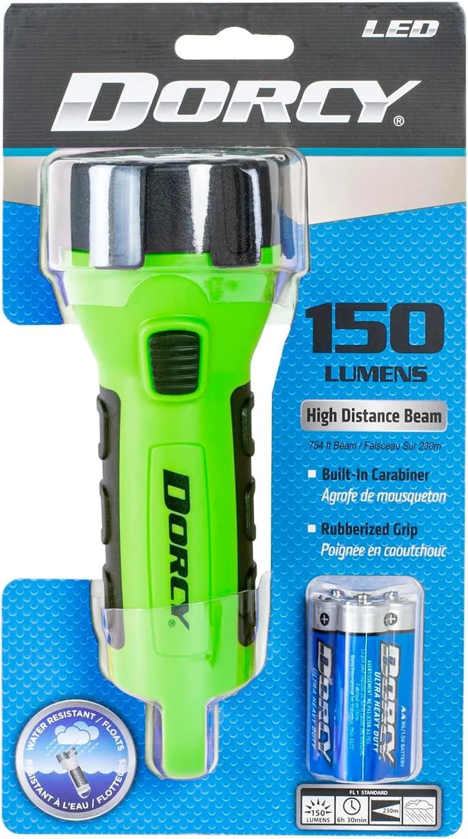 Neon green floating LED flashlight with carabiner clip