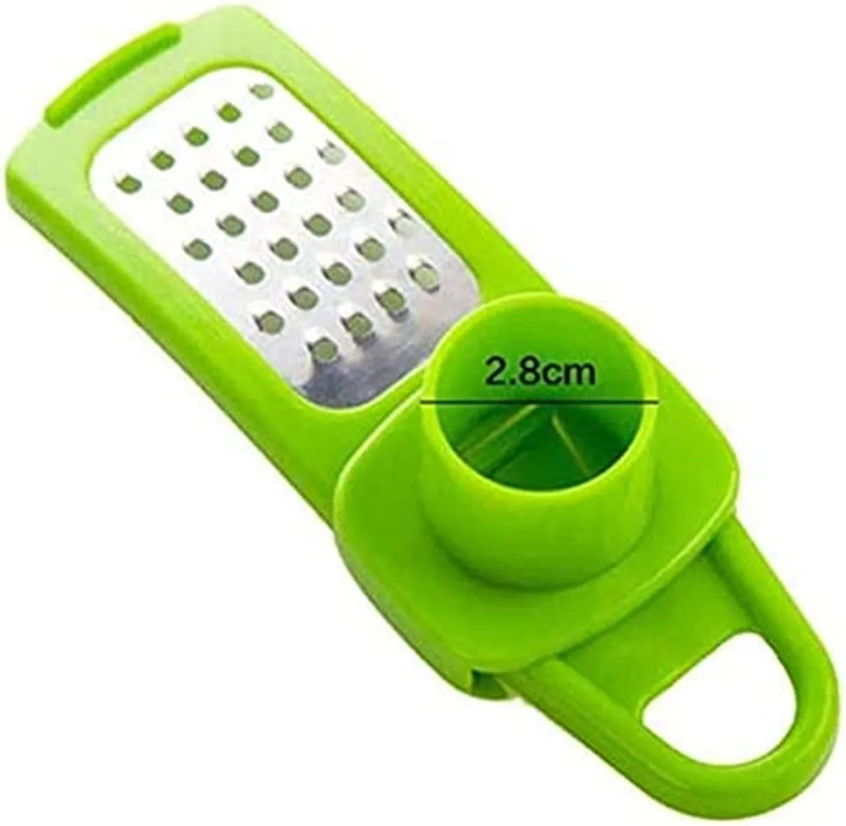 Green stainless steel garlic slicer 14 cm by 4.5 cm with removable cover