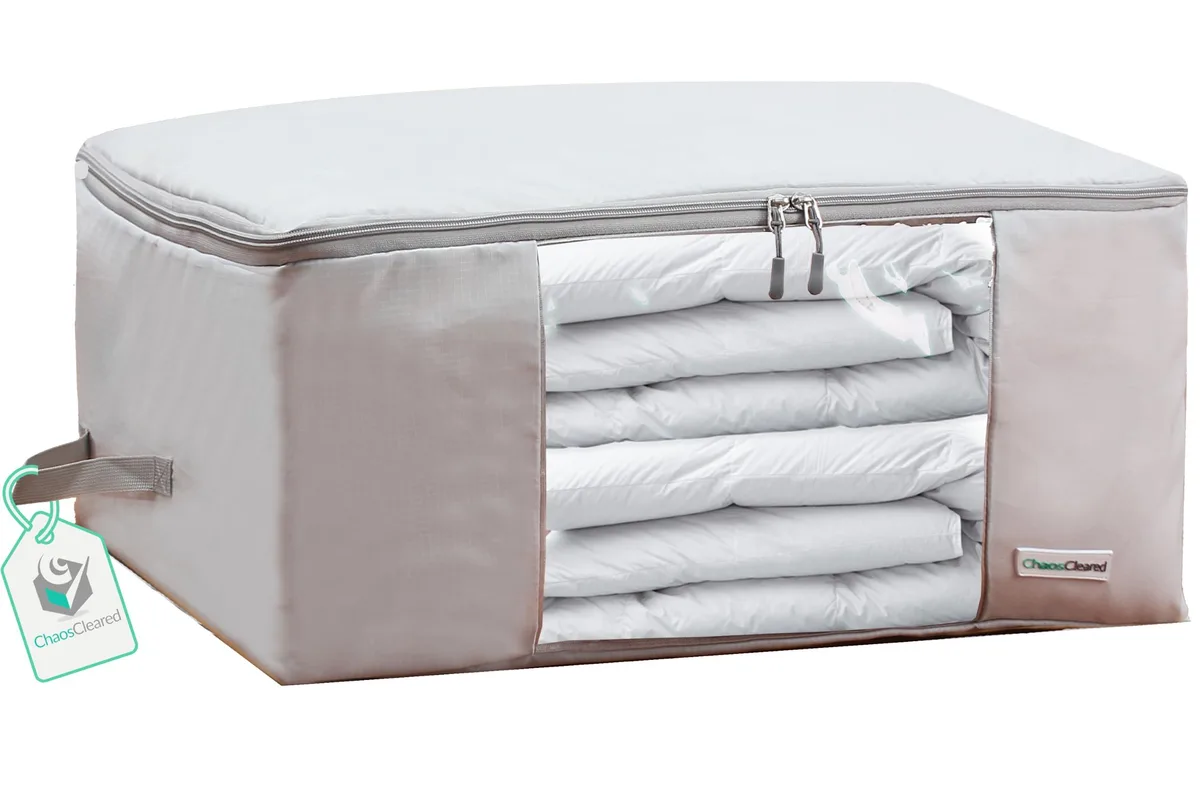 Gray rectangular fabric storage bag with clear window and zipper closure, 24 by 14 by 11 inches