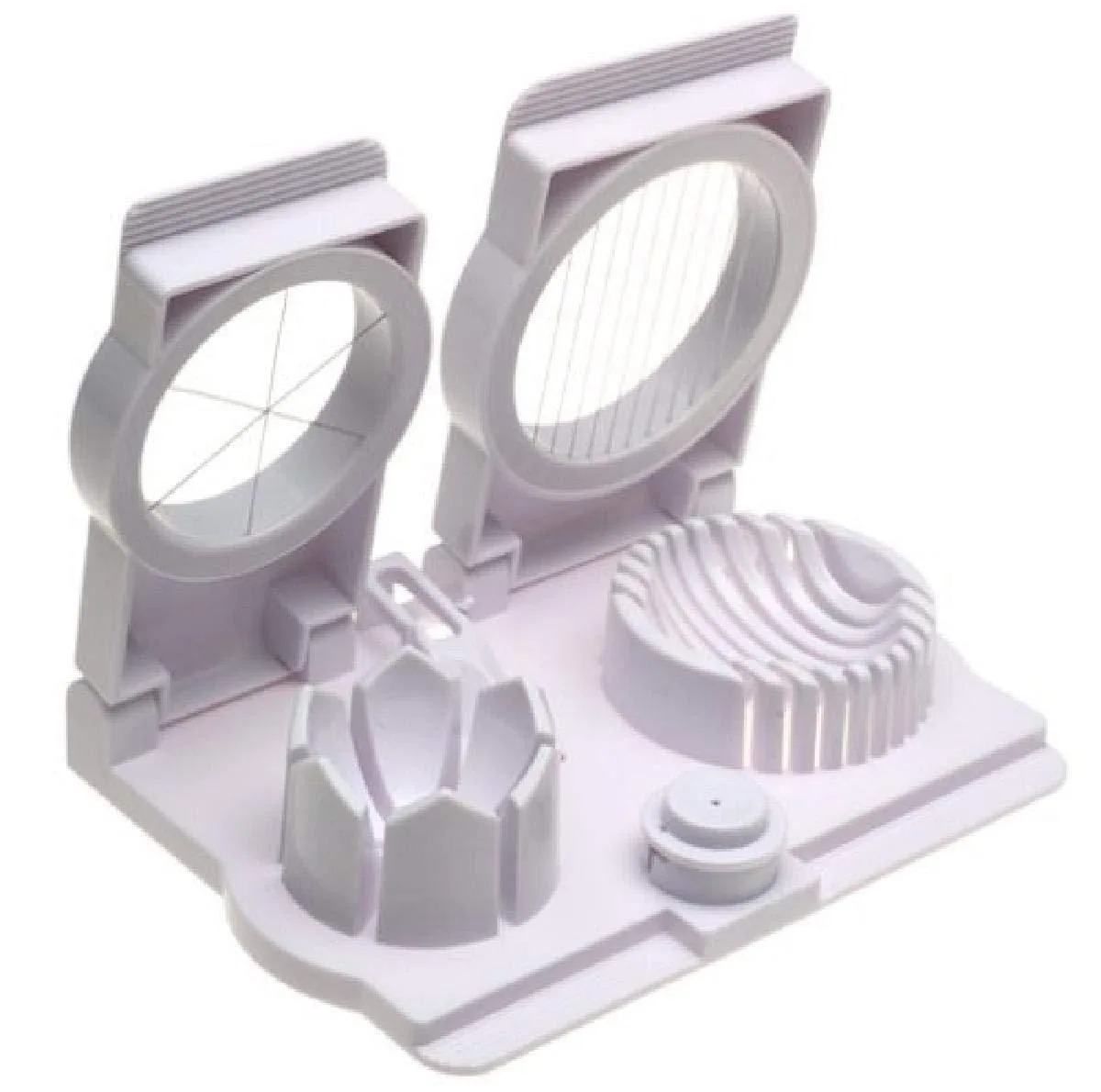 White plastic egg slicer with stainless steel wires and garnish tool