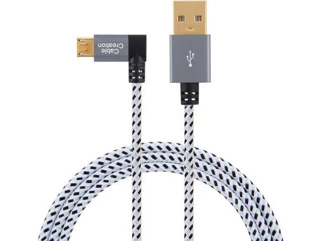Two braided Micro USB cables, 90° left-angle connectors, space-grey aluminium ends, black-and-white cotton jacket